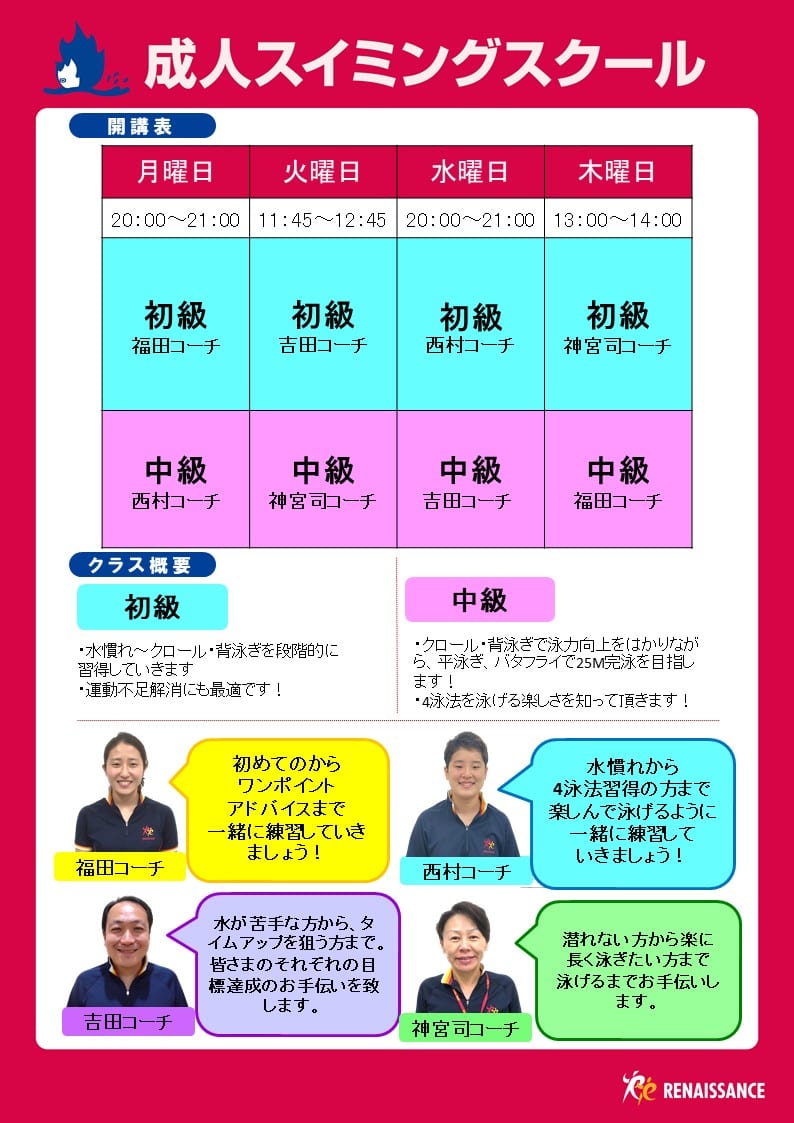 成人スイミングスクール担当コーチ表