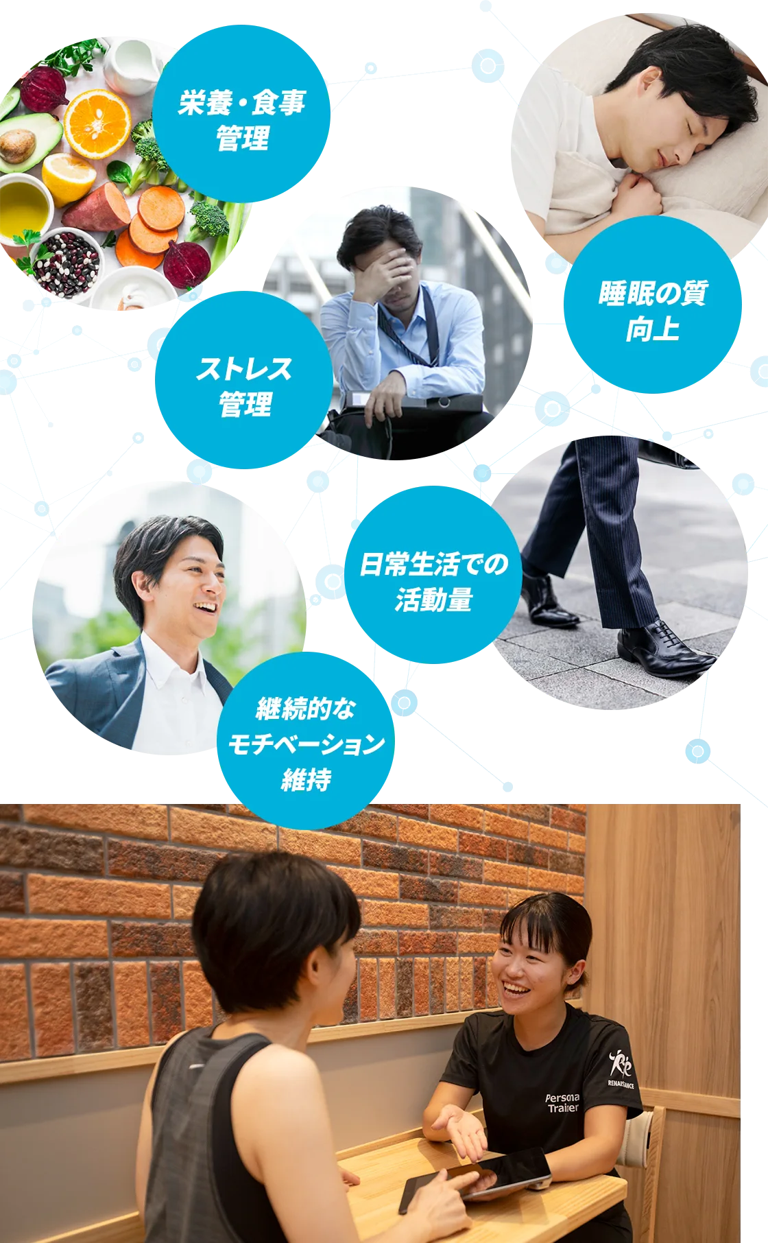 栄養・食事管理、ストレス管理、睡眠の質向上、日常生活での活動量、継続的なモチベーション維持