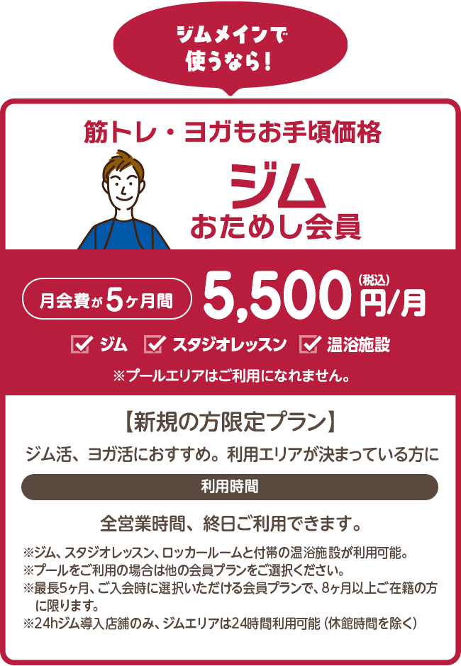 コスパ良し!「ジムおためし会員」5ヶ月間5,500円/月。ジム、スタジオレッスン、ロッカールームと付帯の温浴施設がご利用いただけます。