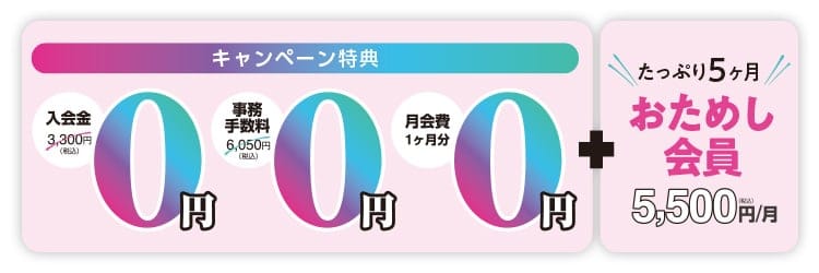 キャンペーン特典（入会金・事務手数料・月会費1ヶ月分が0円）＋おためし会員