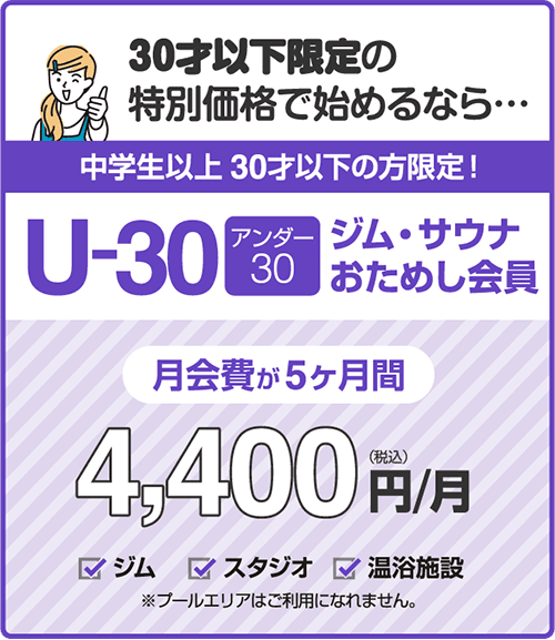 30歳以下なら1,100円引き!アンダー30ジムおためし会員。5ヶ月間 4,400円/月