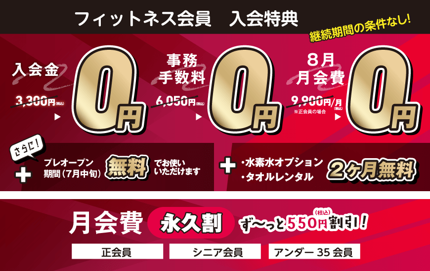 入会金+事務手数料+月会費→0円、さらに月会費永久割